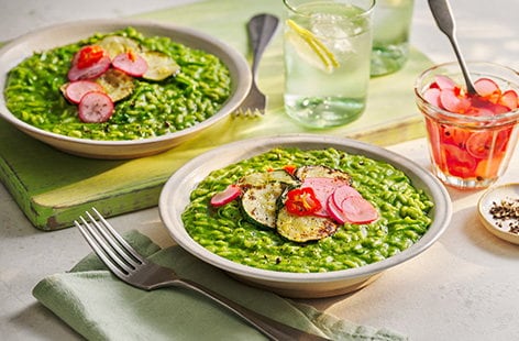 Image of "Green veg and coconut risotto with a pickled chilli radish"