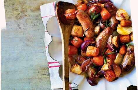 Sausage and root veg bake with honey orange dressing