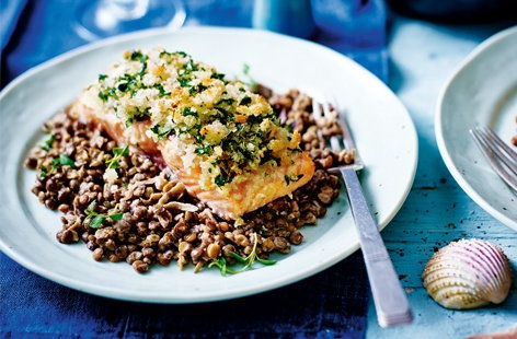 Image of "Herb-crusted salmon with creamed lentils"
