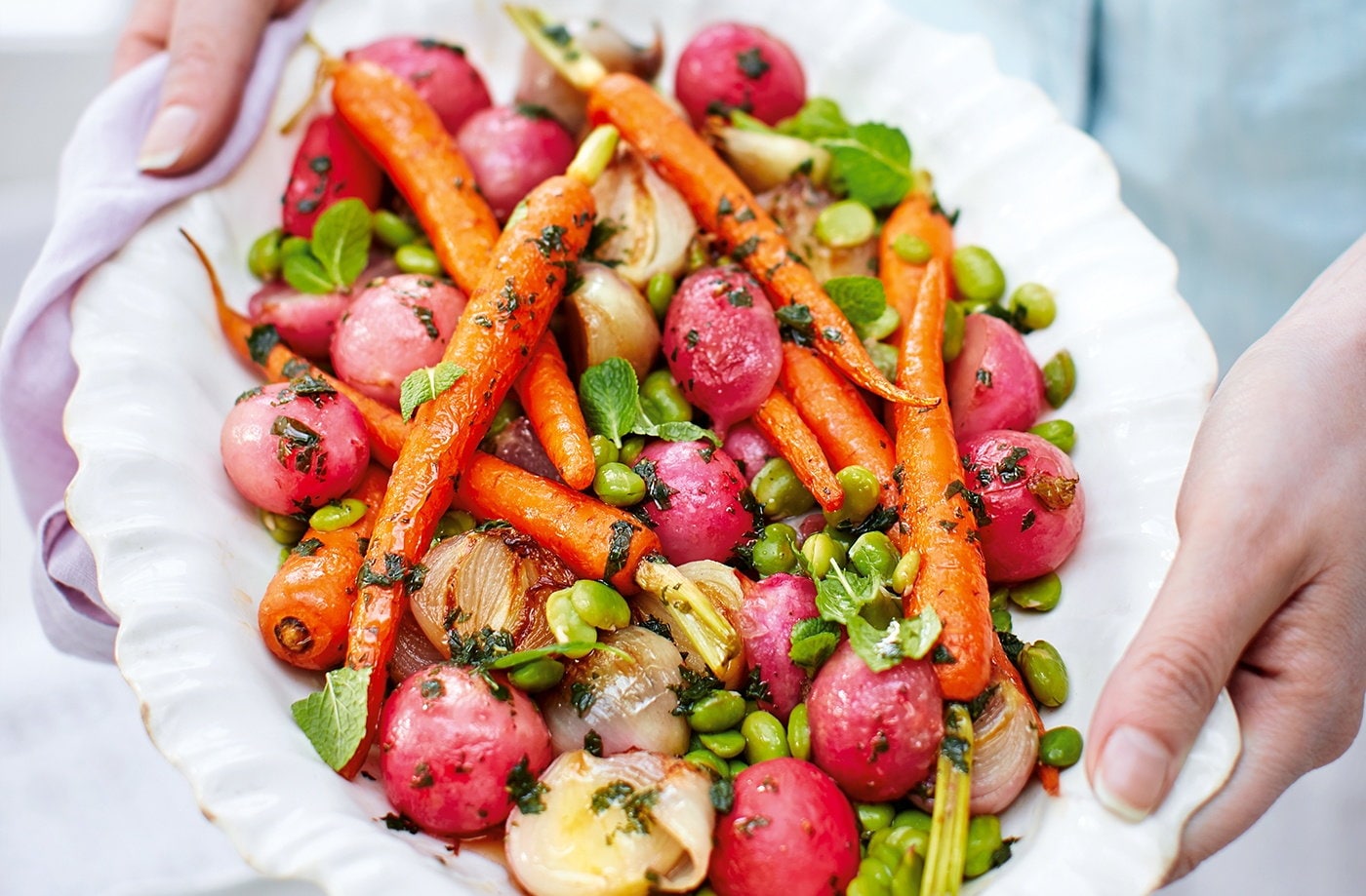 Glazed spring vegetables with mint dressing