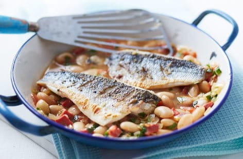 Image of "Sea bass with chorizo and butter beans"