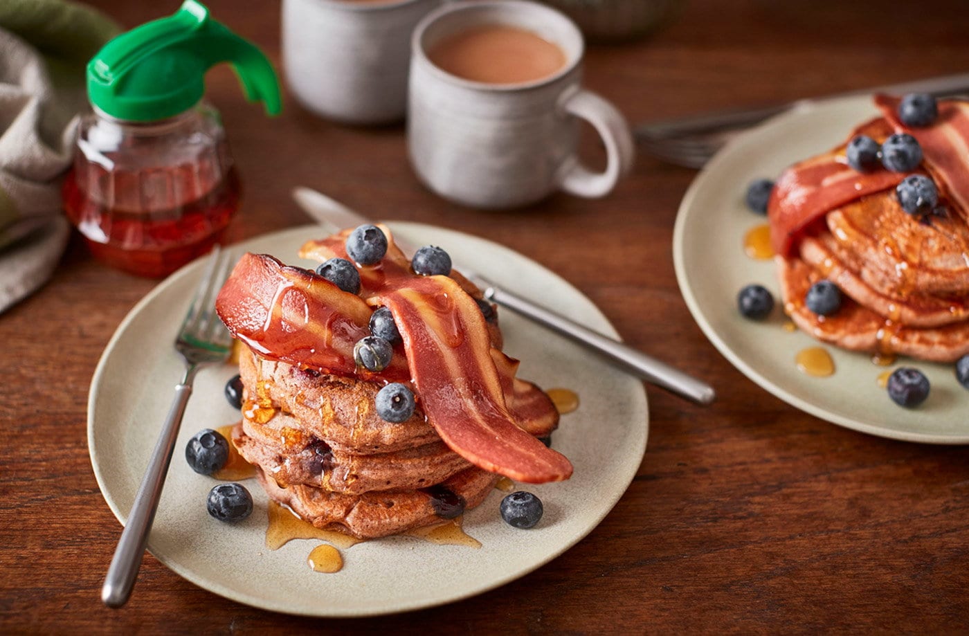 Vegan blueberry pancakes with crispy meat-free bacon