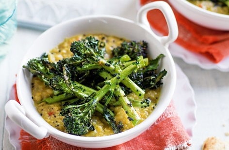 Image of "Red lentil dhal with spiced broccoli"