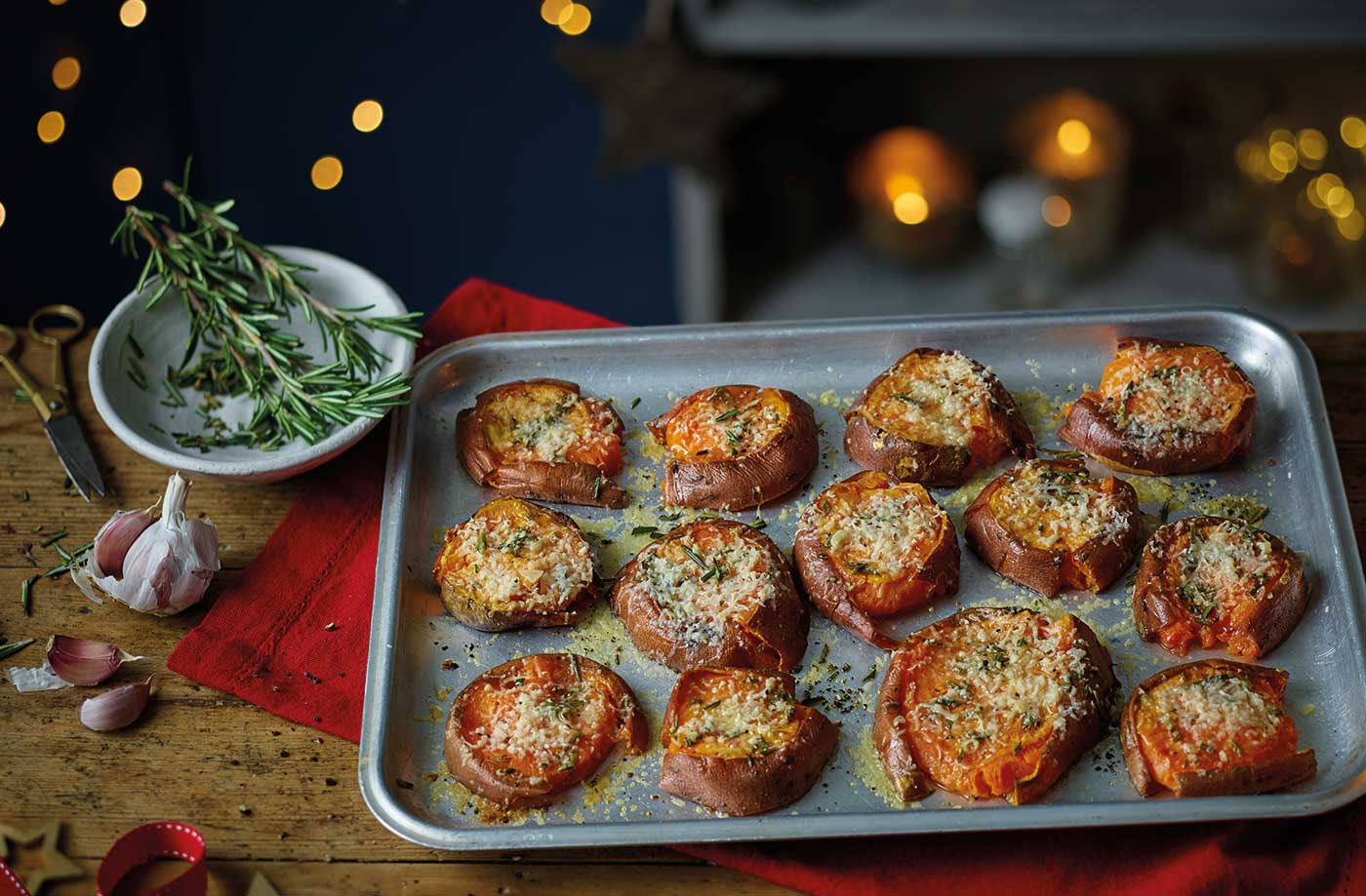 Smashed garlic and Parmesan sweet potatoes