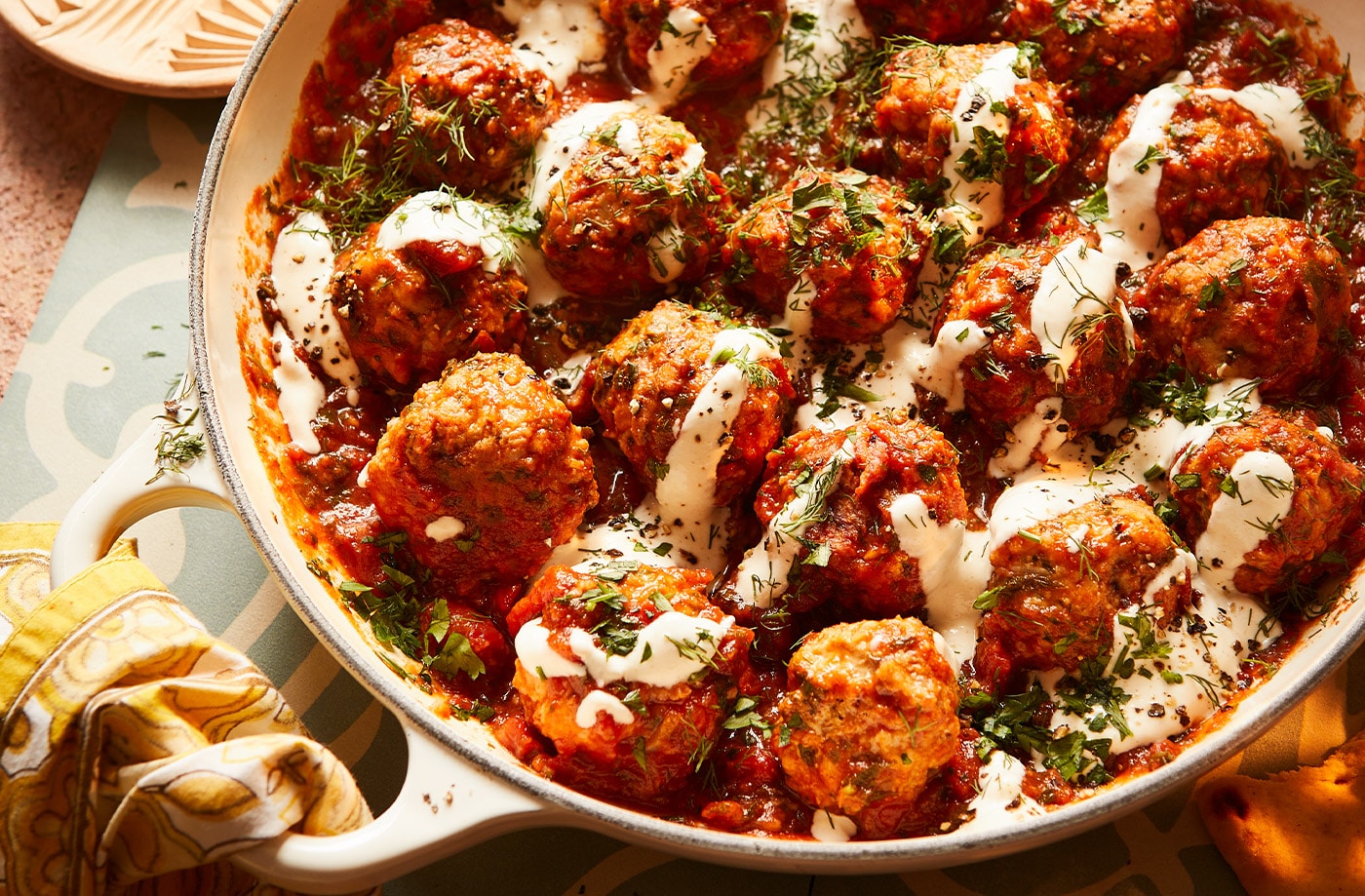 Nargisse Benkabbou's spiced chicken meatballs with garlic tomato sauce