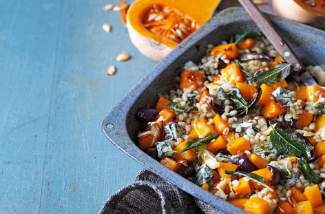 Image of "Roast butternut squash with pearl barley, gorgonzola and sage"