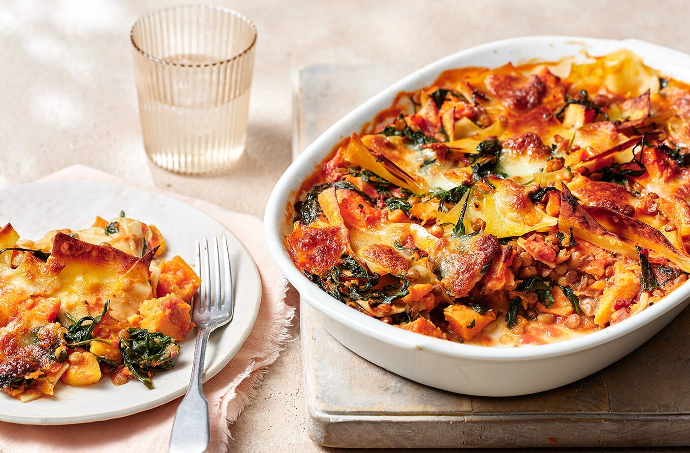 Roasted sweet potato and spinach 'broken lasagne'