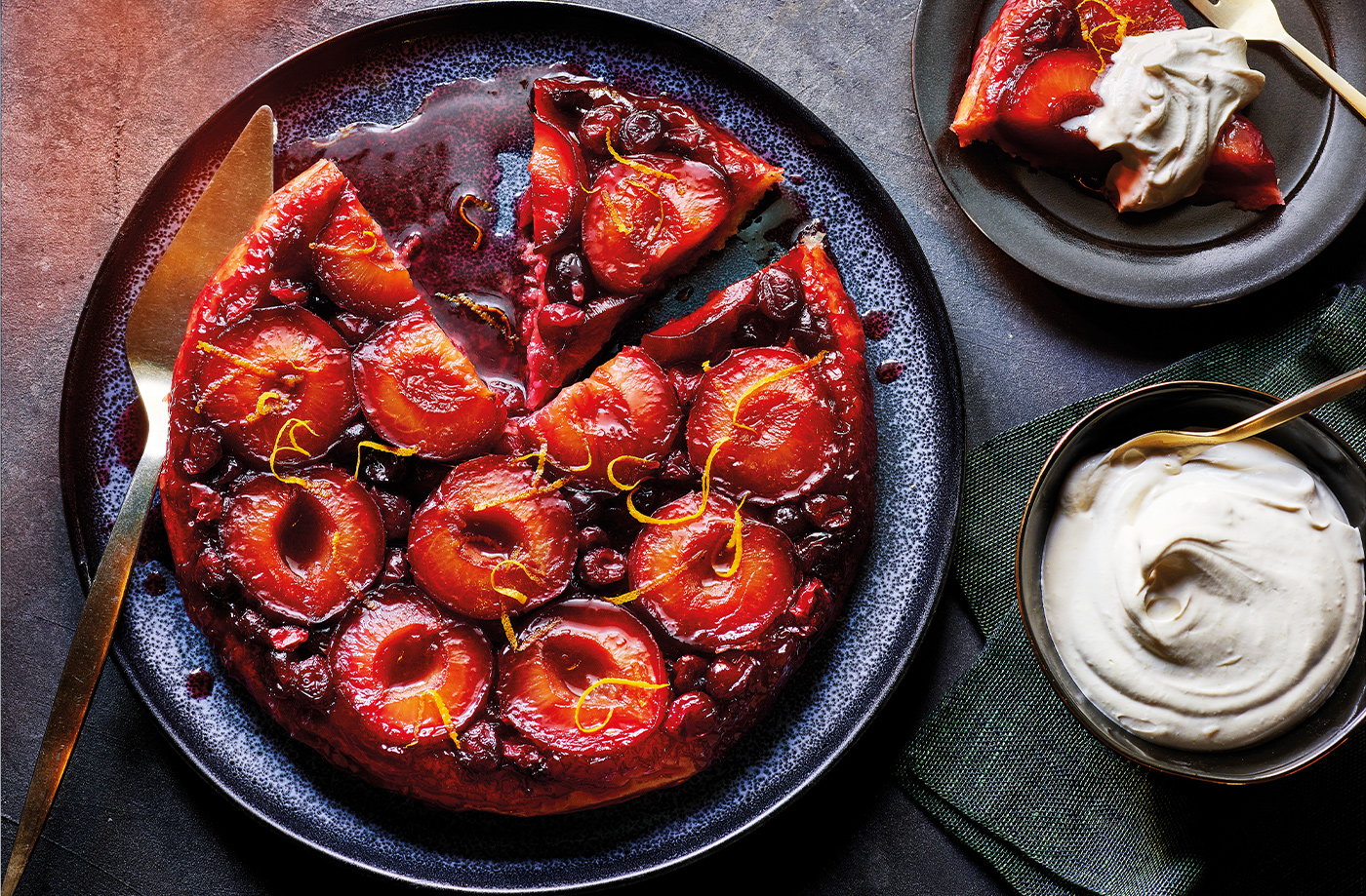 Plum and cranberry tarte Tatin with brown sugar-whipped cream
