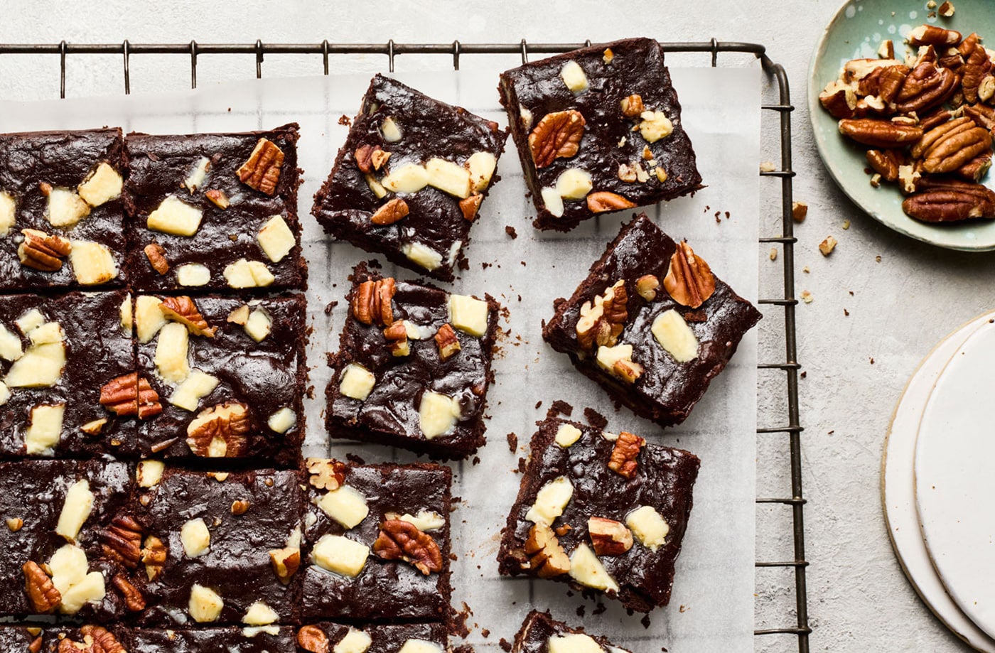 White chocolate and pecan lentil brownies