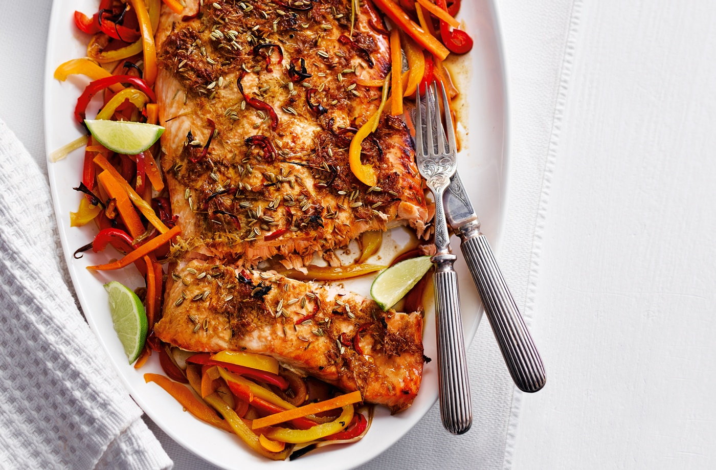 Asian-spiced salmon with rainbow veg
