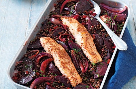 Image of "Orange-glazed salmon with beetroot, chorizo and lentils"