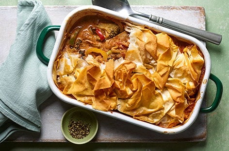 Image of "Chicken and greens filo pot pie"