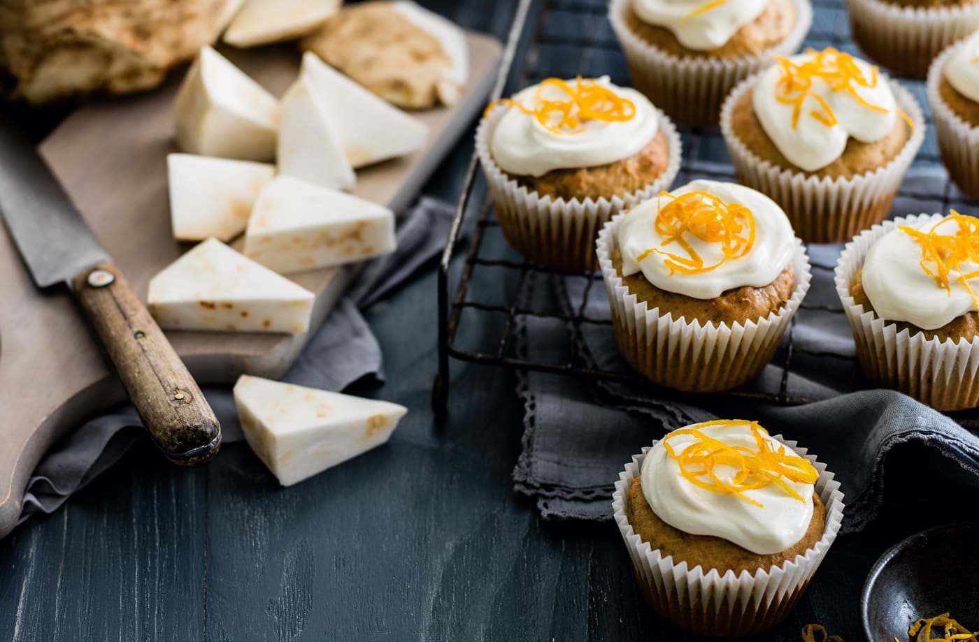Celeriac and walnut muffins with cream cheese frosting