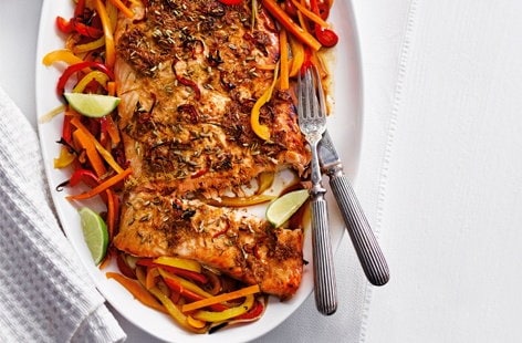 Image of "Asian-spiced salmon with rainbow veg"