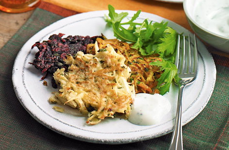 Image of "Root veg fritters with honey and mustard dip"
