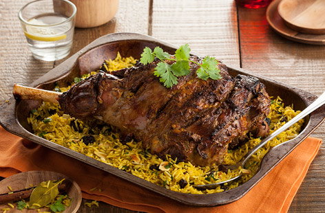 Image of "Indian-spiced leg of lamb with pilau rice"