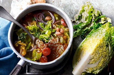 Image of "Savoy, chorizo & borlotti bean broth"