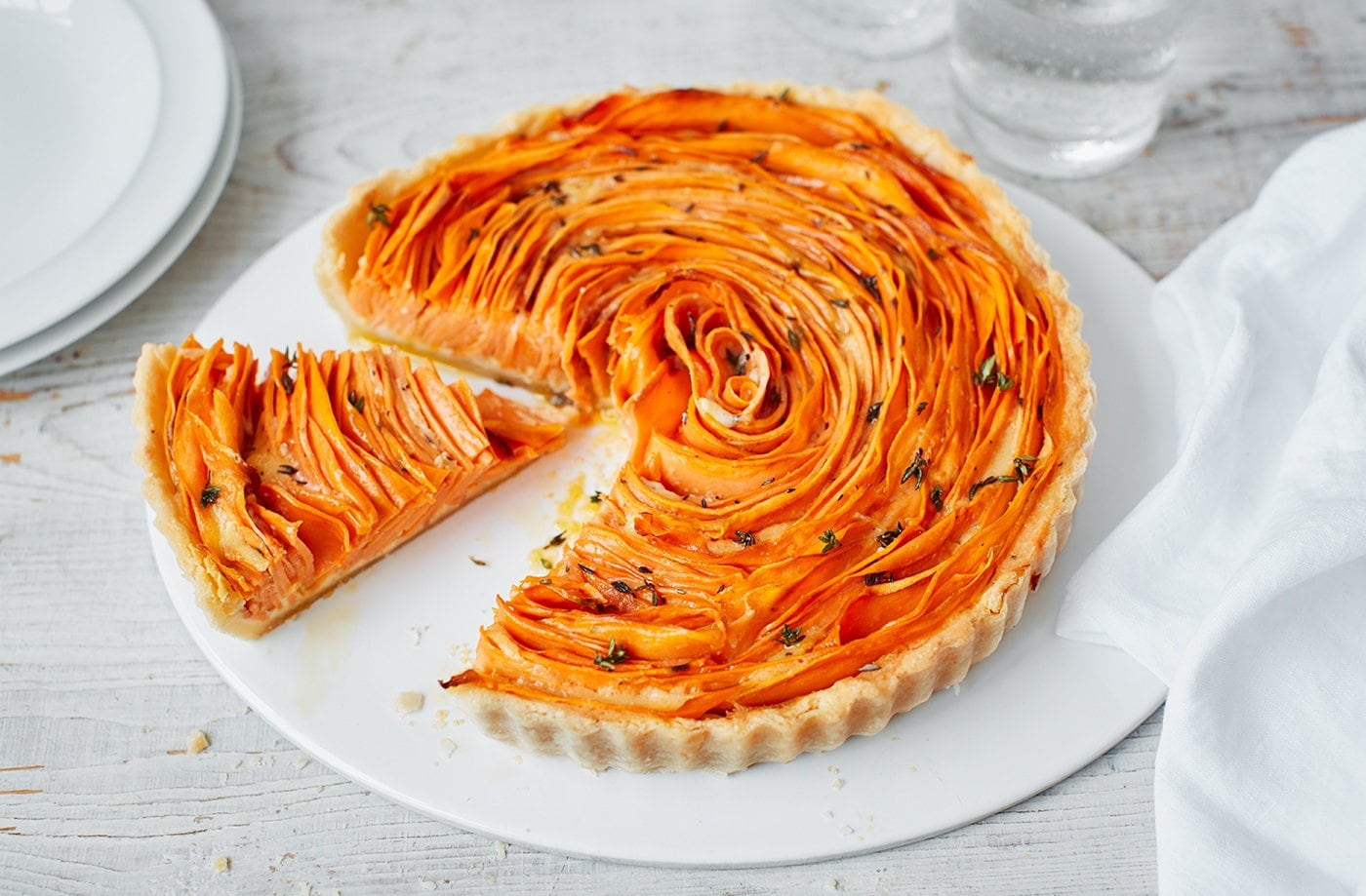 Sweet potato, thyme and Parmesan flower tart