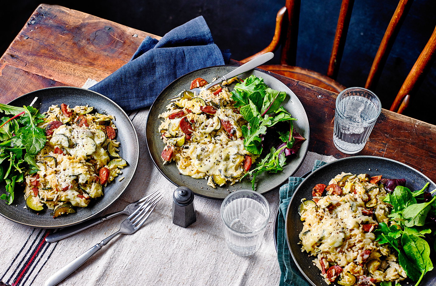 Cheesy chorizo and courgette baked rice