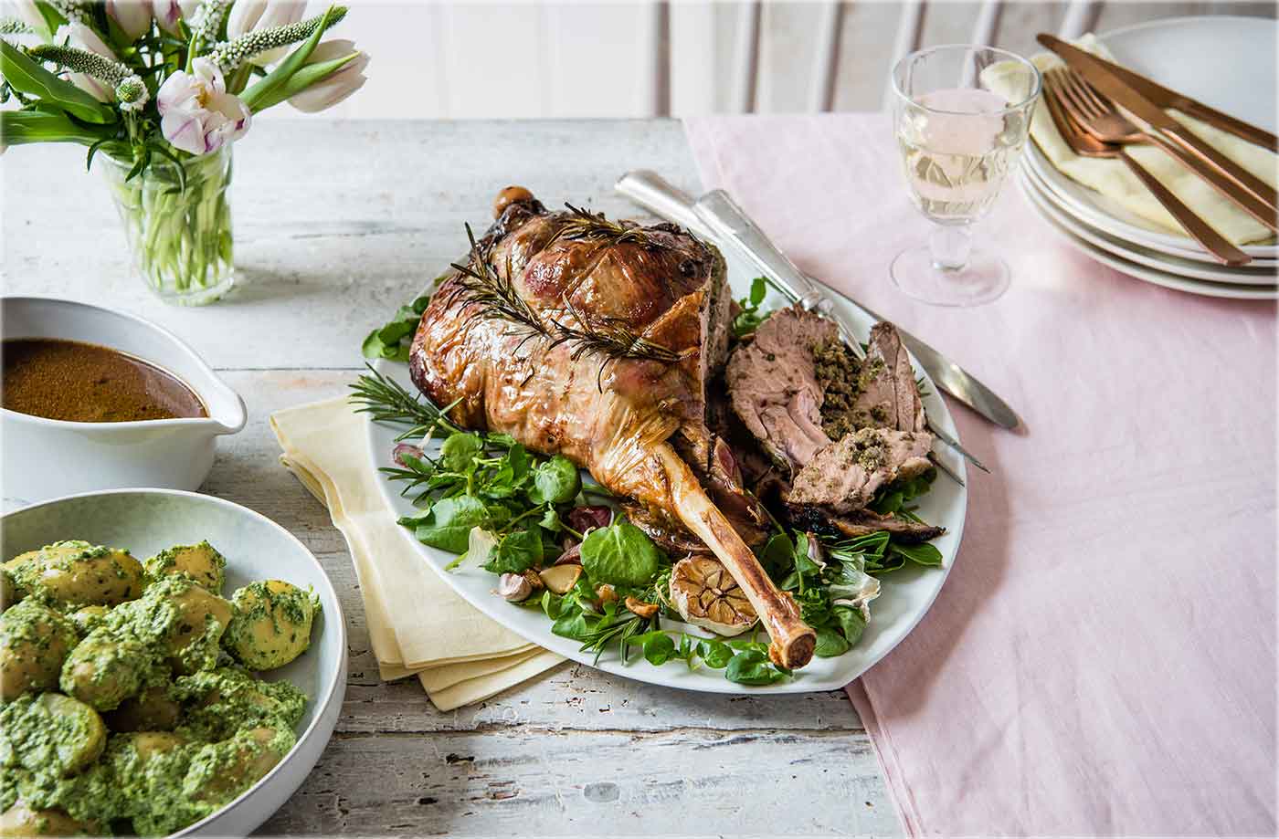 Roast leg of lamb stuffed with watercress and anchovies