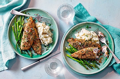 Image of "Herb-crusted mackerel with lemon-cauliflower mash"