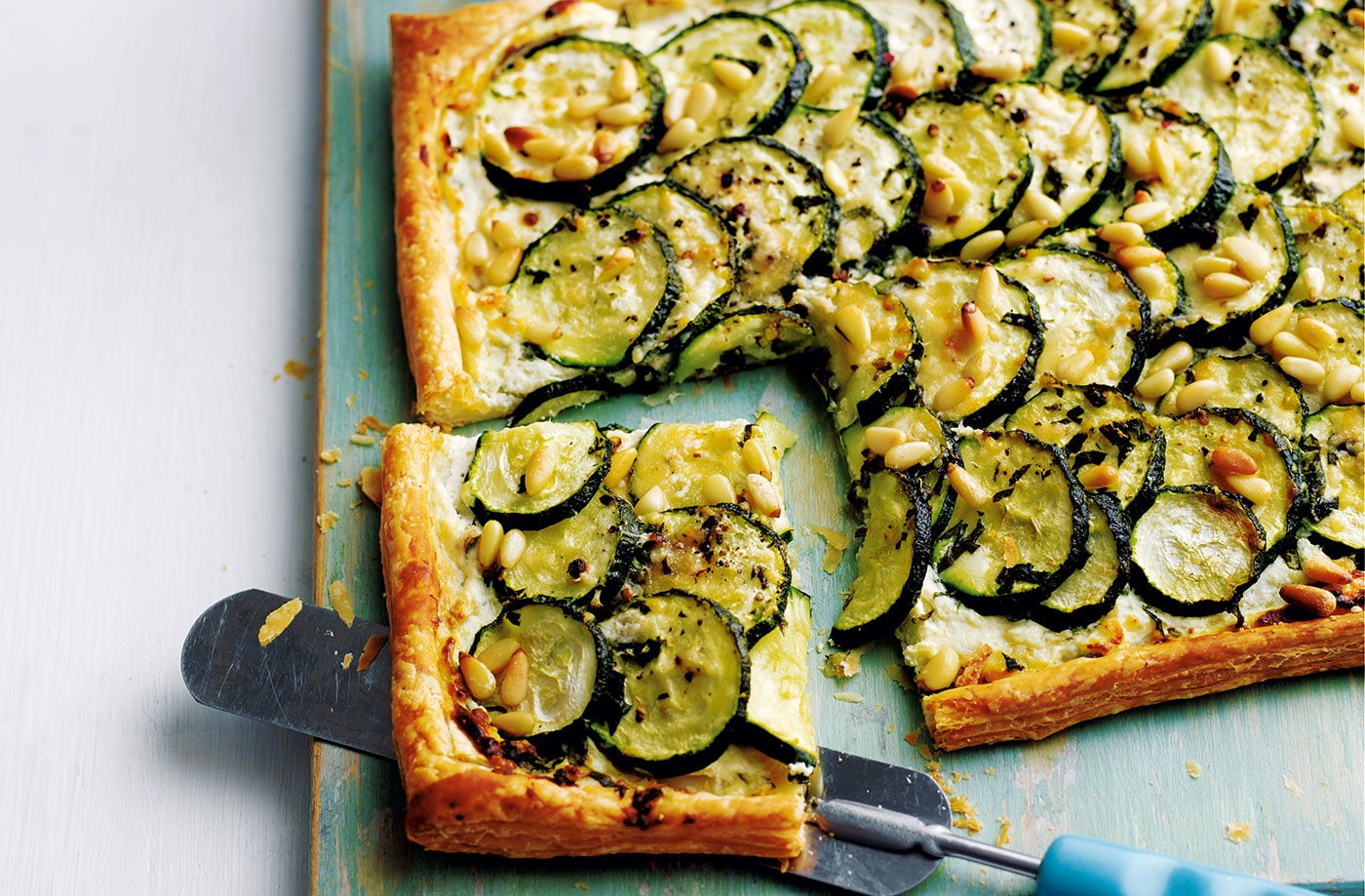 Courgette, basil and ricotta tart with pine nuts
