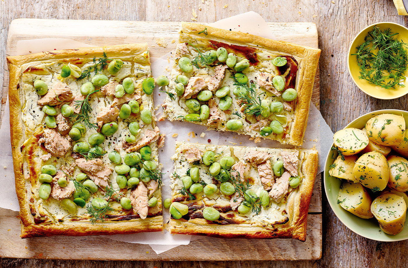 Salmon and broad bean tart