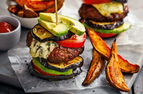 Image of "Beef and chorizo stack with sweet potato wedges"