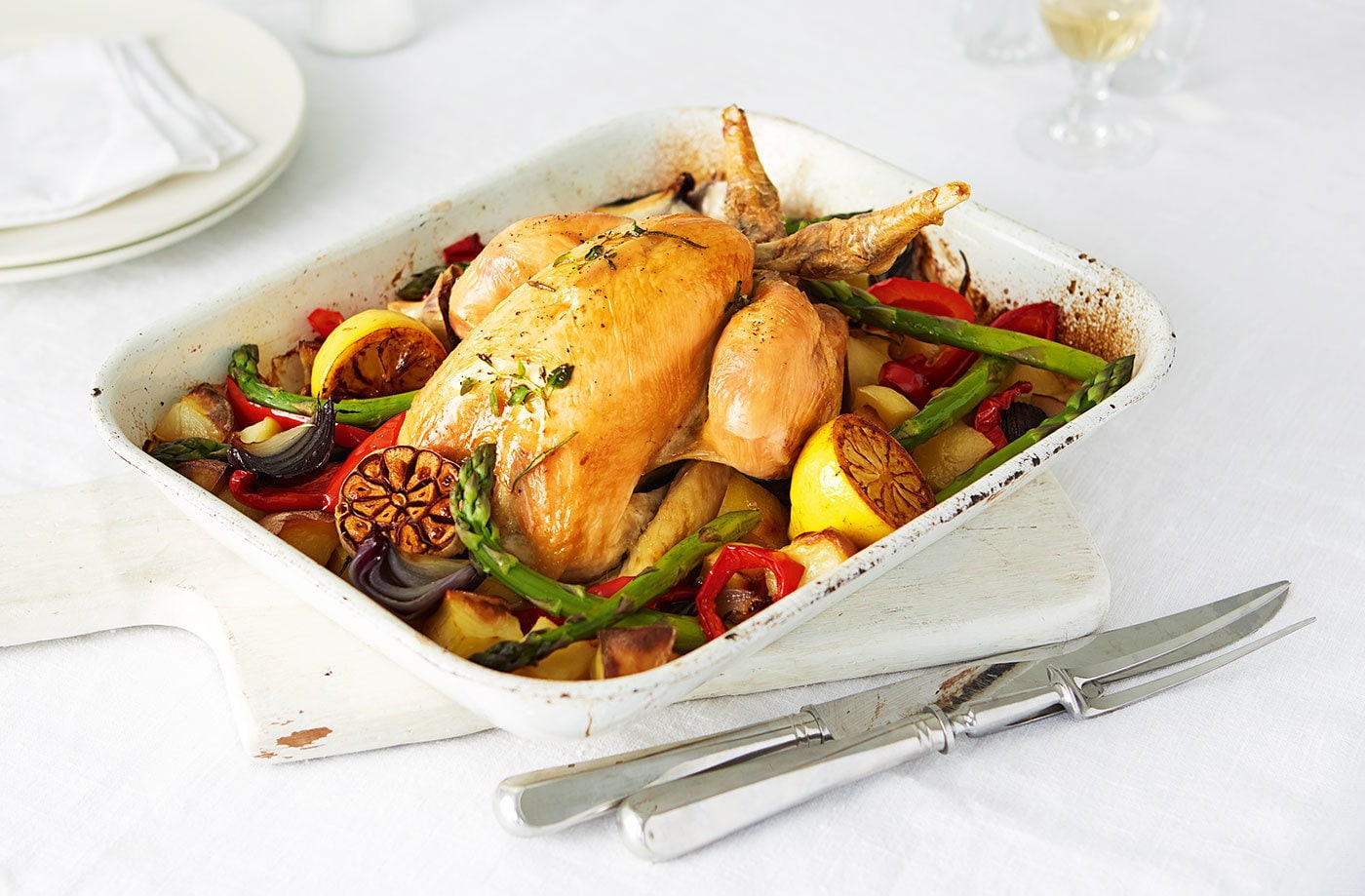 Perfect roast chicken with summer roasted veg