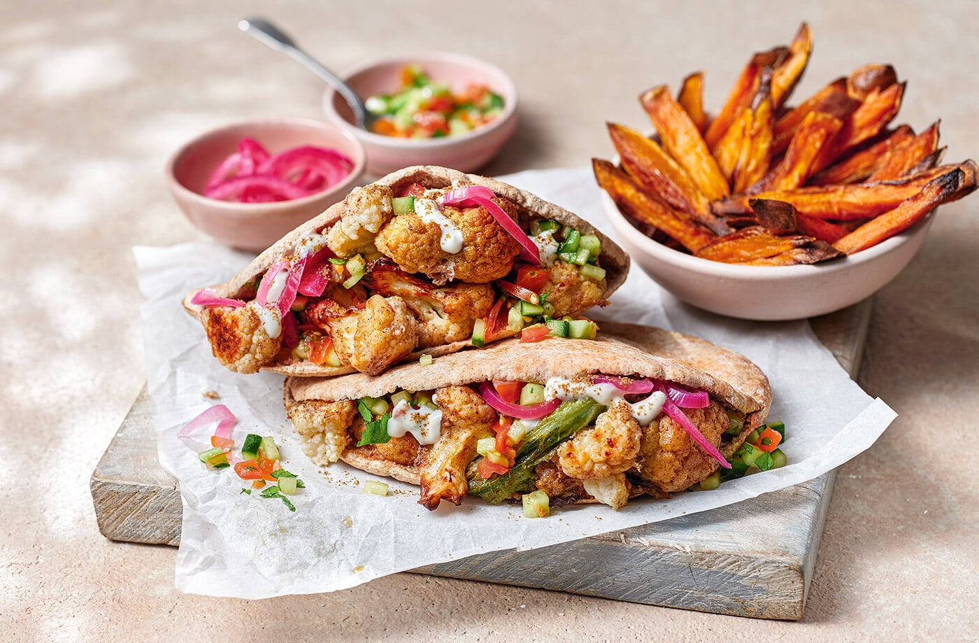 Cauliflower 'shawarma' pittas