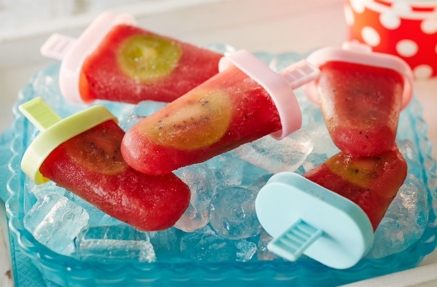 Watermelon, kiwi and lime ice lollies