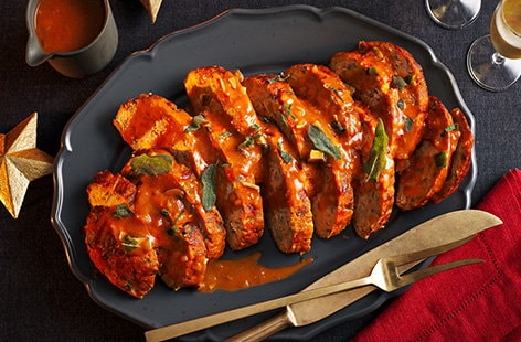 Image of "Festive turkey meatloaf with crispy sage leaves"