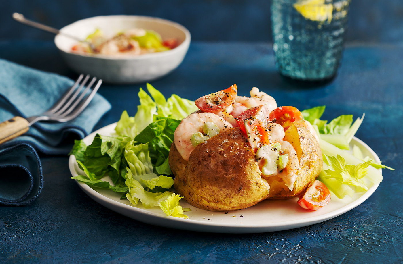 Bloody Mary-spiced prawn cocktail loaded jacket potato