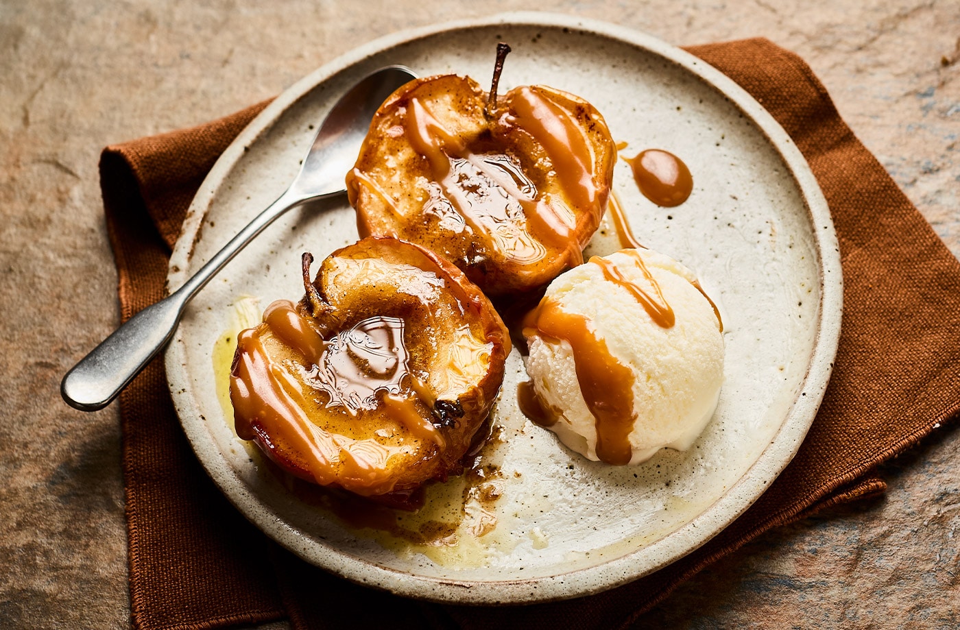 Spiced baked apples and toffee sauce