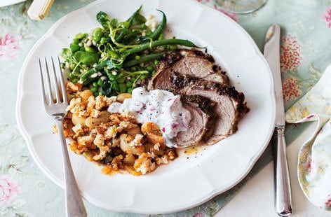 Image of "Slow-roasted Greek-style lamb with radish and mint tzatziki"