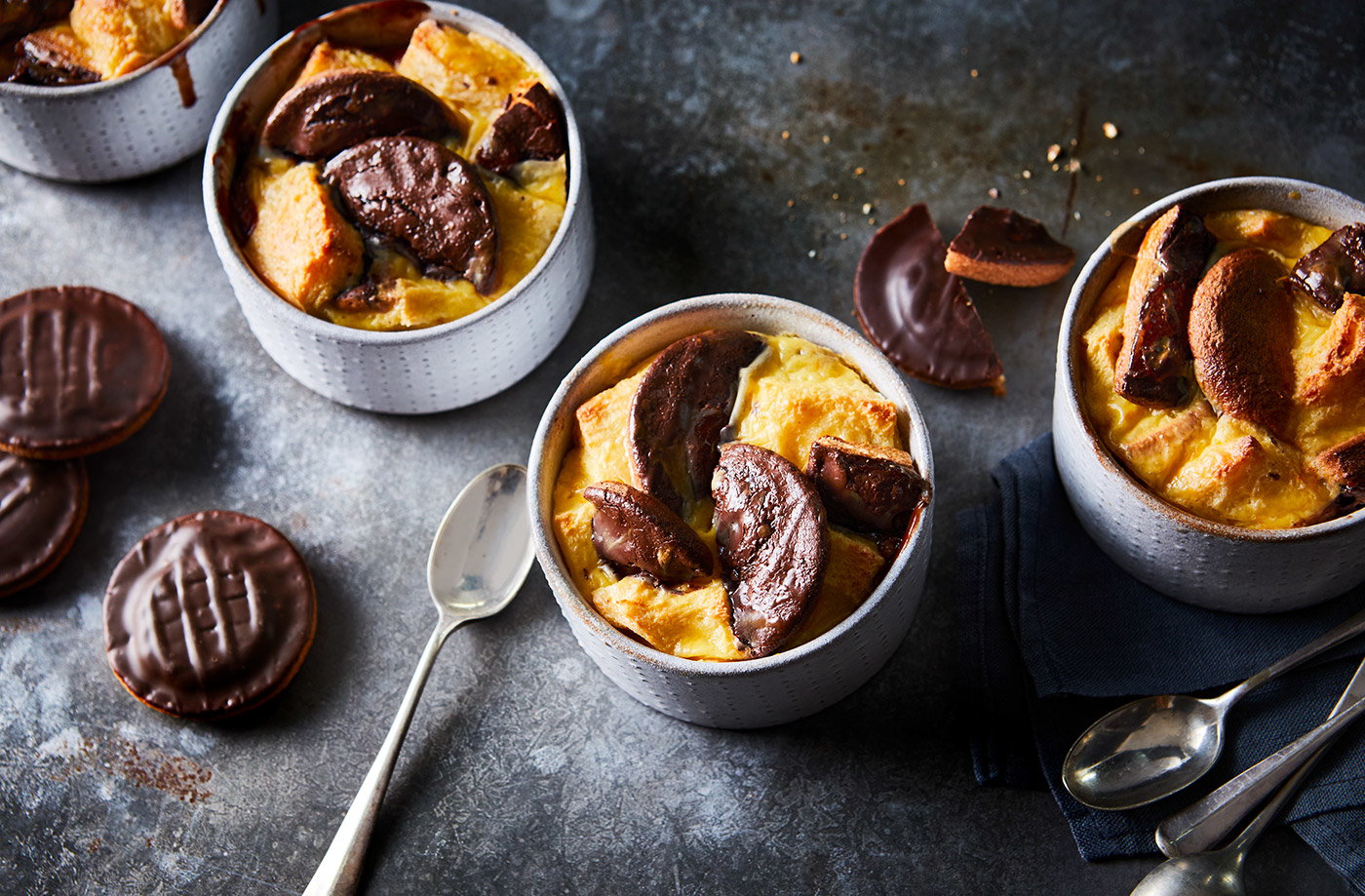 Mini Jaffa cake bread and butter puddings