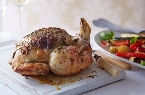 Image of "Roast chicken with pesto and veg"