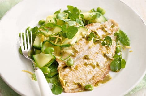 Image of "Pan-fried plaice with minty green salad"