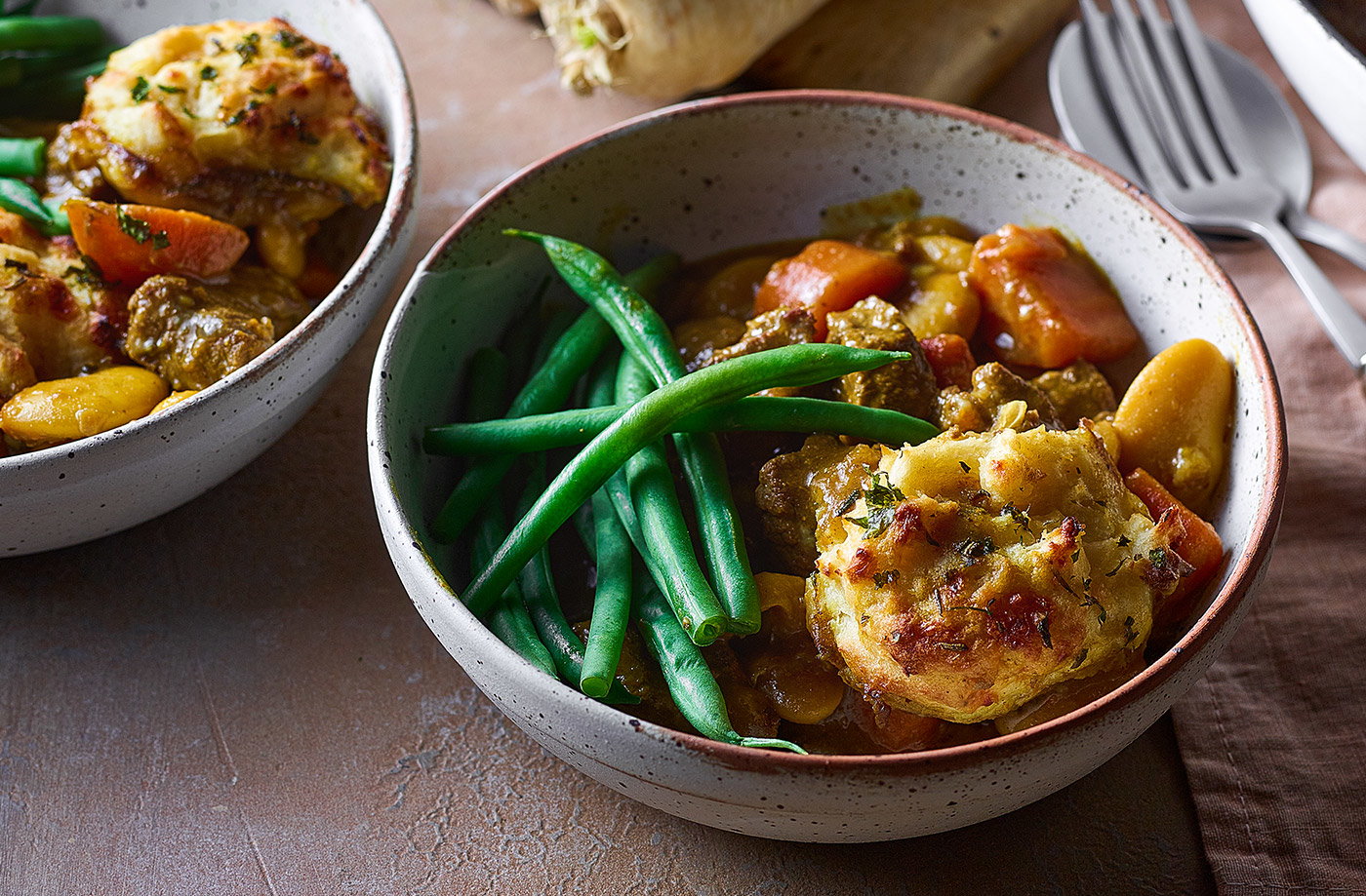 Beef stew with parsnip dumplings