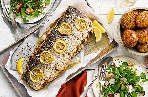 Image of "Roast salmon with hasselback potatoes"