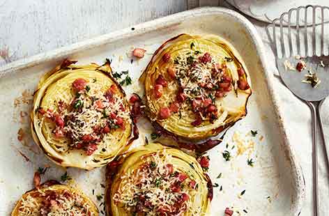 Image of "Cabbage steaks with crispy pancetta and Parmesan"