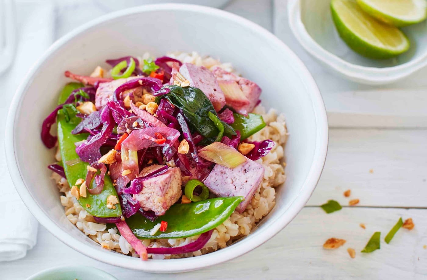 Thai tofu and red cabbage rice bowl