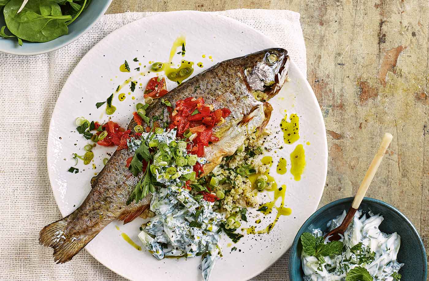 Stuffed trout with cucumber and mint yogurt