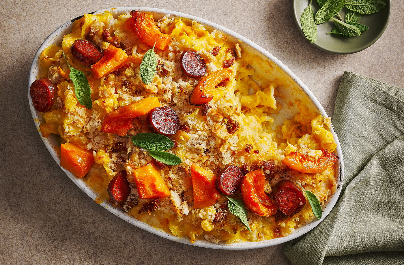 Pumpkin, chorizo and sage pasta bake