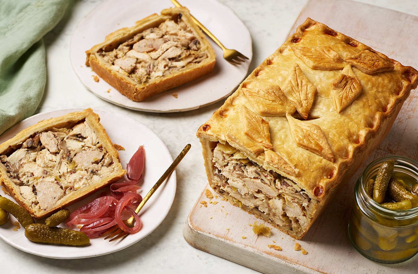 Cheat's raised chicken and sausage pie