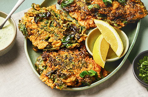 Image of "Spring greens fritters with tahini sauce"