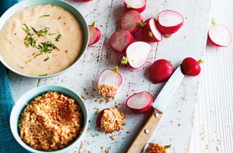 Image of "Spring radishes with chilli and lime mayo and toasted sesame seeds"