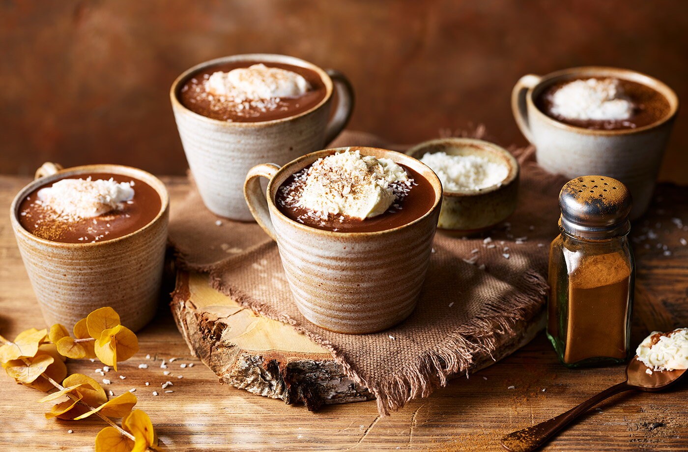 Coconut hot chocolate with cinnamon and spiced rum