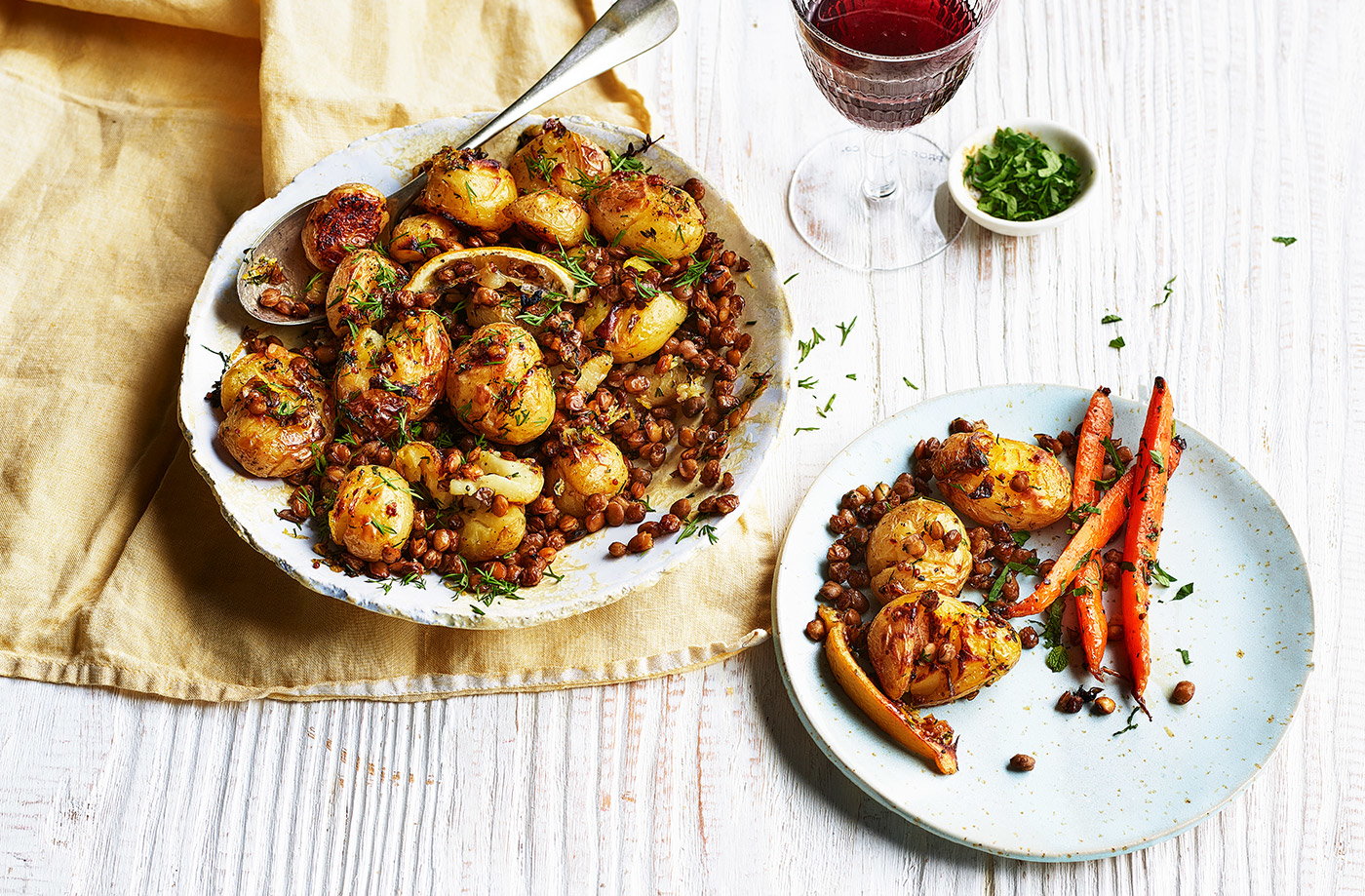 Crispy smashed potatoes and lentils