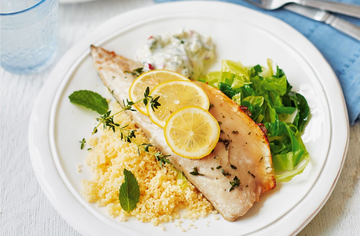 Lemon-roasted mackerel fillets with apple tzatziki